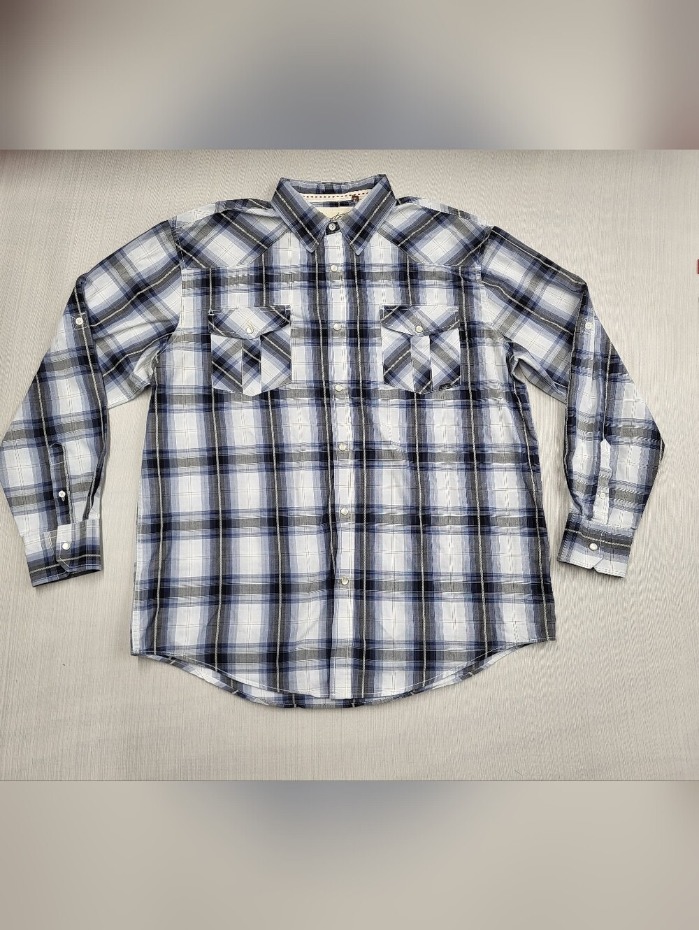 Coastal Western Shirt Mens XXL Blue Grey Black Plaid Pearl Snap Long Sleeve